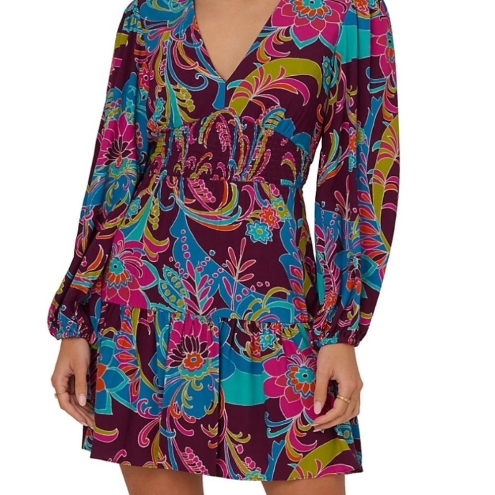Adrianna Papell Paisley Boho Tiered Mini Dress Long Sleeve Blue Pink Size 4
